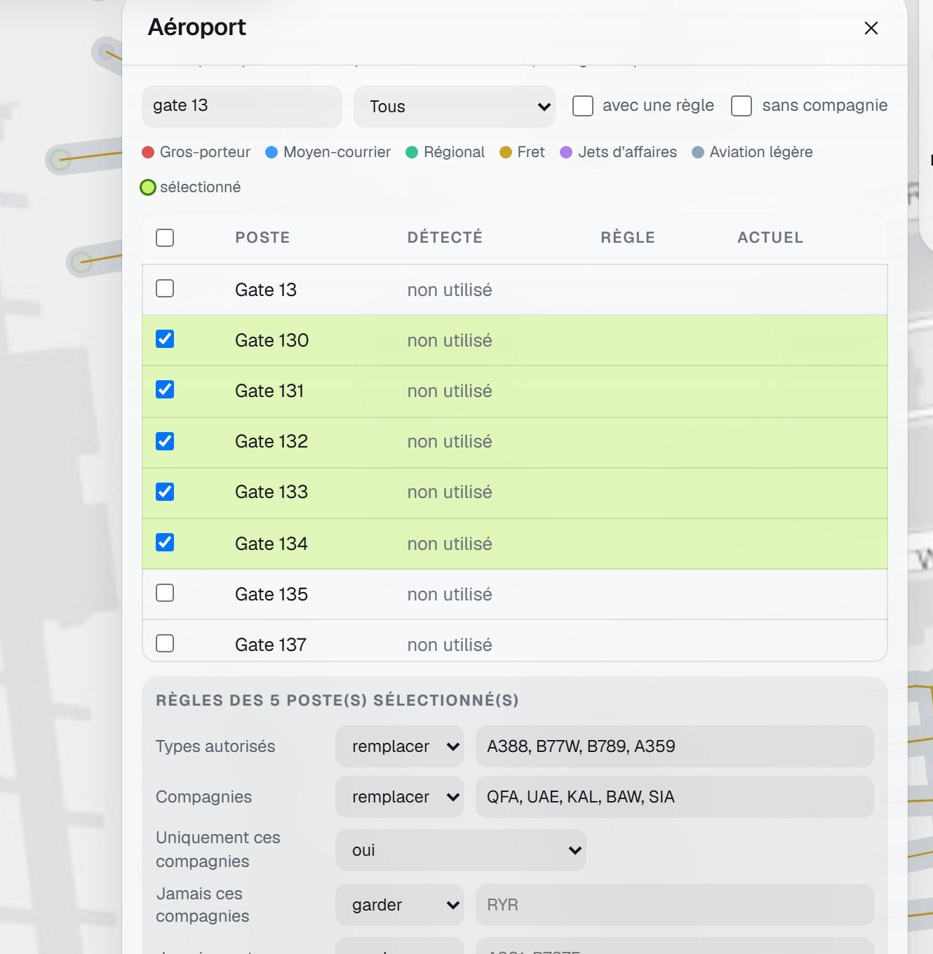 SkyStream's airport profile editor at Los Angeles: five TBIT gates selected, with their allowed types, airlines and sizes.